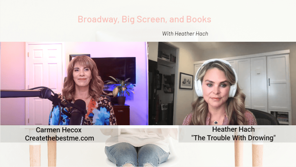 Screenshot of a video call segment titled "Broadway, Big Screen, and Books with Heather Hach." Carmen Hecox is on the left with the label "CreateTheBestMe.com," and Heather Hach on the right with the label "The Trouble With Drowning" during their Broadway, Big Screen, and Books interview.