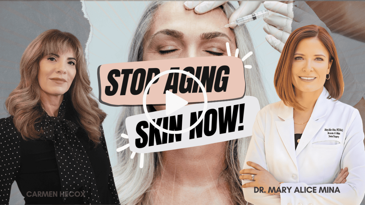 Create The Best Me YouTube for skincare addressing menopausal skin changes with two women and a "stop aging skin now" slogan.