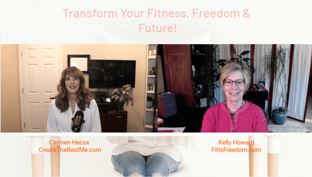 Carmen Hecox and Kelly Howard hosting a webinar with a banner reading "Transform Your Fitness, Freedom & Future in Midlife!" with their names and websites displayed below.
