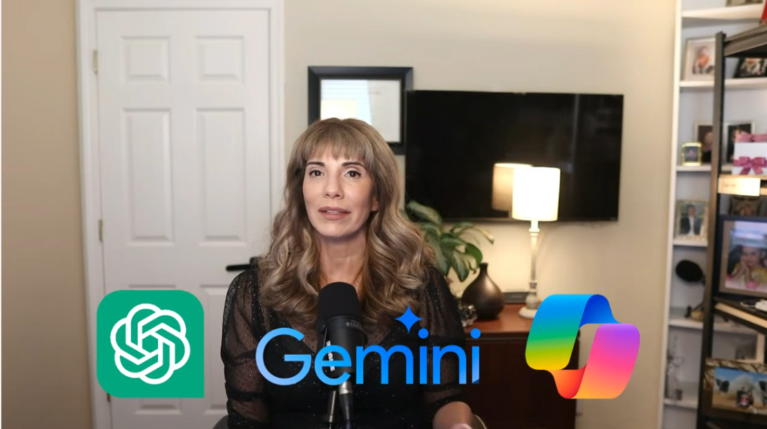 Carmen Hecox with long blonde hair speaks at a microphone, with a gemini logo and ChatGPT and Copilot app icons visible, in a room with a bookshelf and closed door, emphasizing the importance of embracing technology