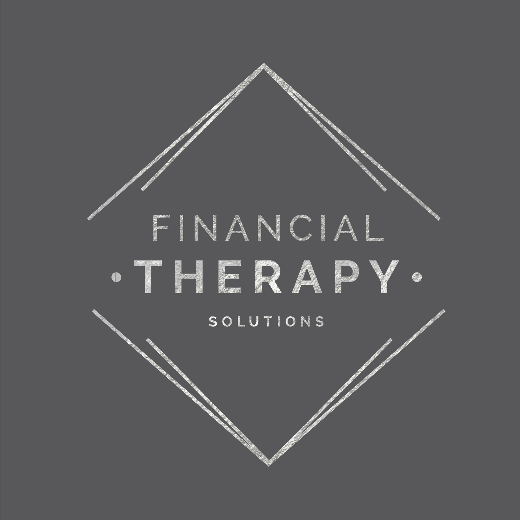 Logo of "Wendy Wright Financial Therapy Solutions" featuring text inside a white diamond outline on a silver background.