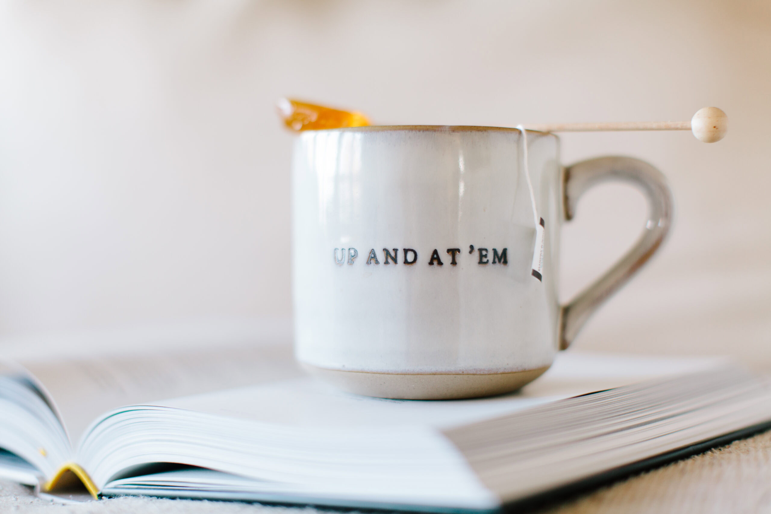 A white mug with "UP AND AT 'EM" on the side is placed on an open book. The mug contains a tea bag, and a honey dipper rests on its rim. Perfect for mornings spent building new friendships over a warm drink.
