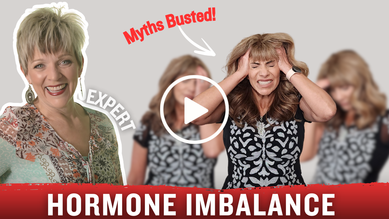 Dr. Kris Sargent smiling labeled "expert" is on the left; on the right, distressed Carmen Hecox holds her head with a "play" icon overlaid. Text above reads "Myths Busted!" and below reads "HORMONE IMBALANCE: How to Beat Menopause Symptoms Naturally.