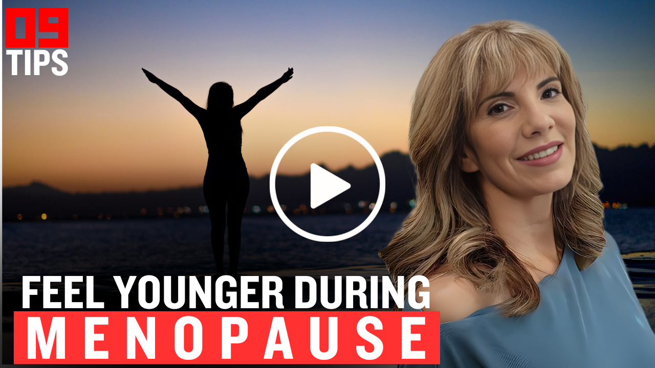 A video thumbnail titled "09 Tips - Feel Younger During Menopause" featuring Carmen Hecox smiling on the right and a silhouette of a person with raised arms against a sunset background on the left.