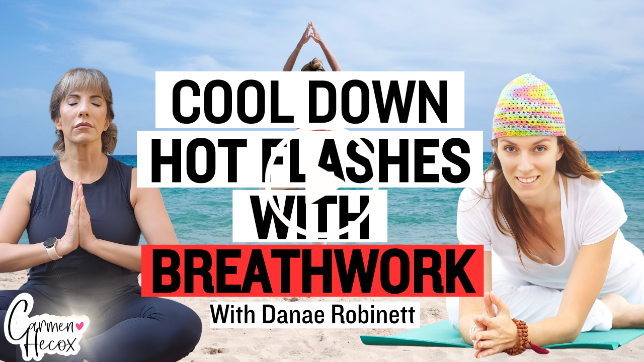 A YouTube thumbnail showing Carmen Hecox and Danae Robinett practicing yoga. Text reads: "Breathe Easy: Mastering Midlife with Breathwork - With Danae Robinett".