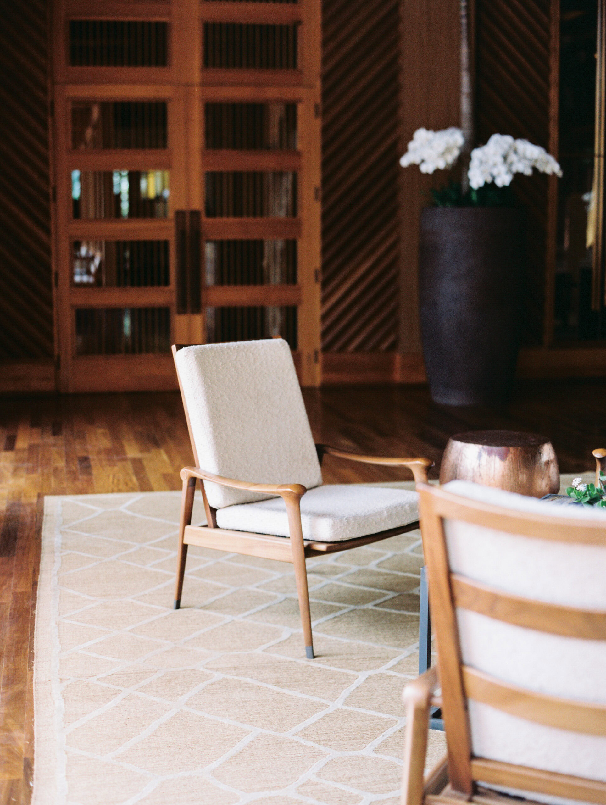 A cozy lounge area with cushioned wooden chairs, a light-colored rug, a small round table, and a large potted plant in front of wooden doors creates an inviting space for rediscovering your dreams in midlife.