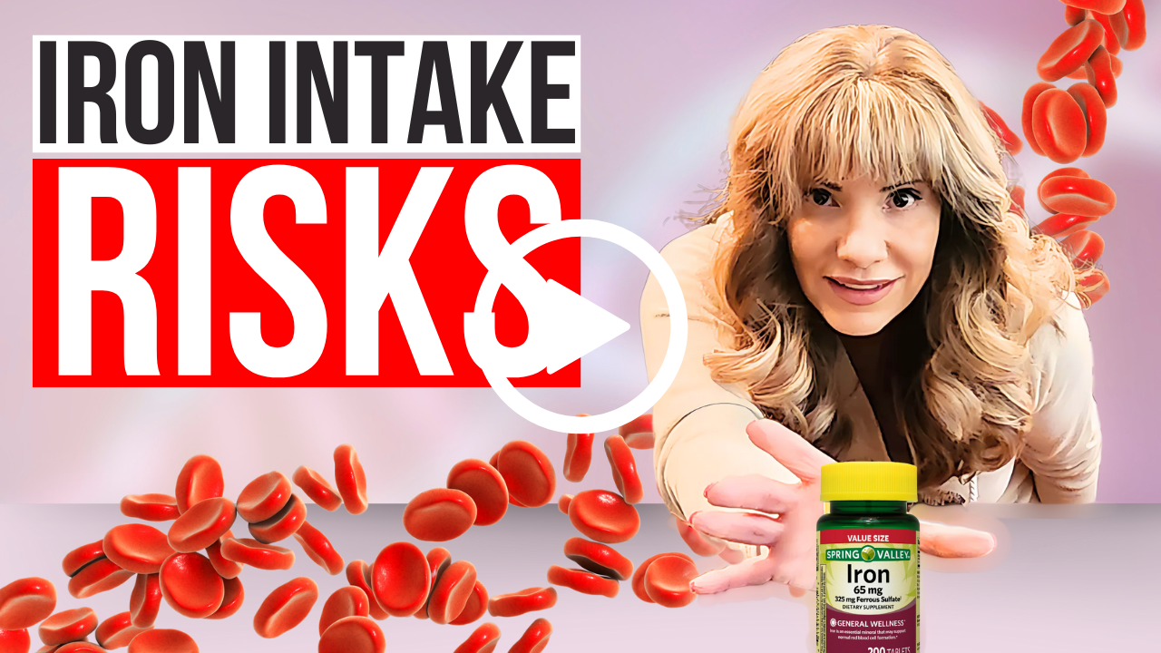 Carmen Hecox holds a bottle of iron supplements, surrounded by floating red blood cells. Text: "Iron Intake Risks and Ferritin: Controlling Your Hair Loss During Menopause.