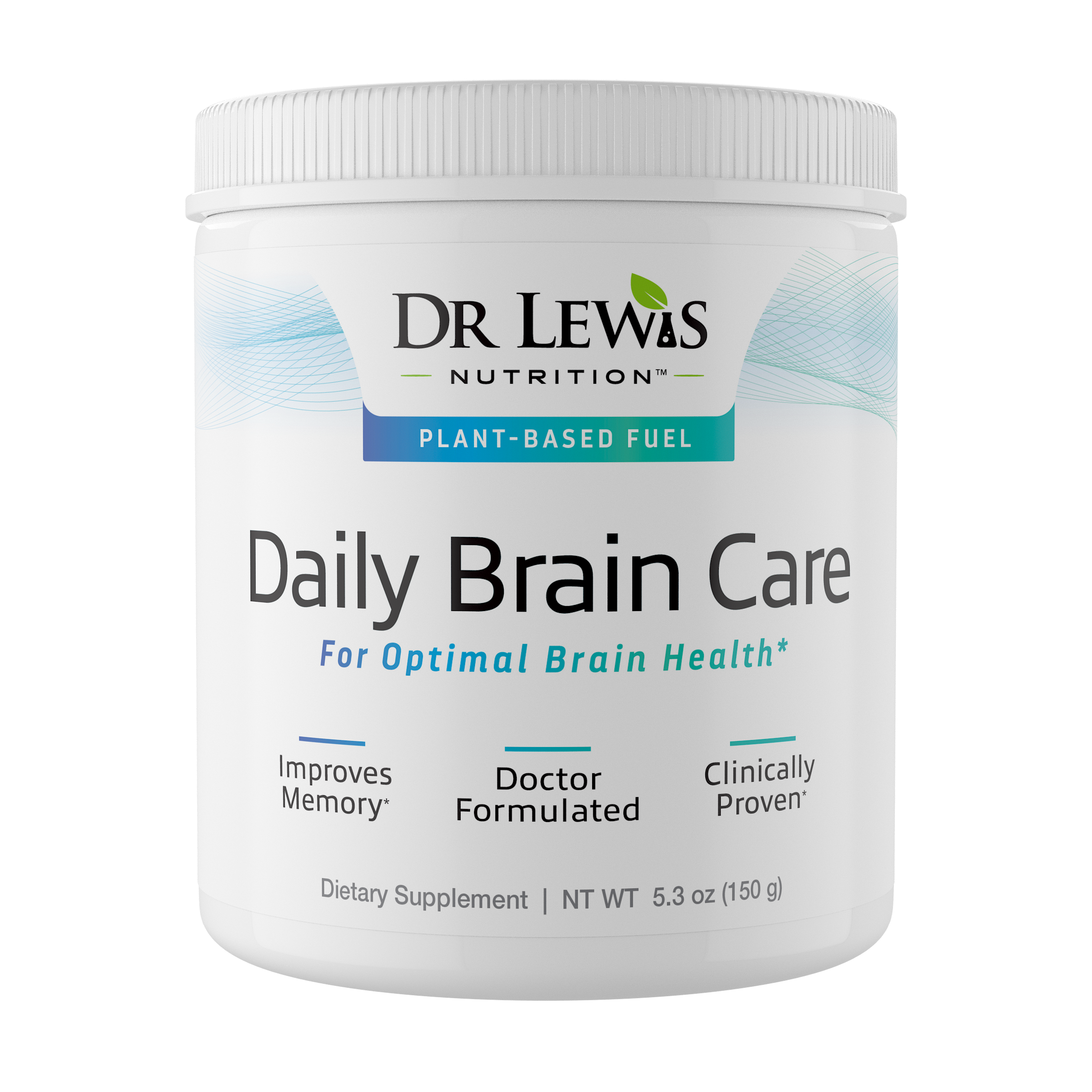 A white jar of Dr. Lewis Nutrition's "Daily Brain Care" supplement, labeled as plant-based and clinically proven to enhance memory. The Daily Brain Care Supplement has a net weight of 5.3 oz (150 g).