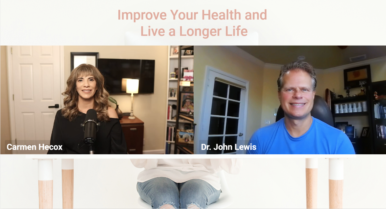 Carmen Hecox and Dr. John E Lewis in separate frames engage in discussions on improving health and the pursuit of a longer life. Text reads: "Enhance Your Well-being and Embrace Longevity.