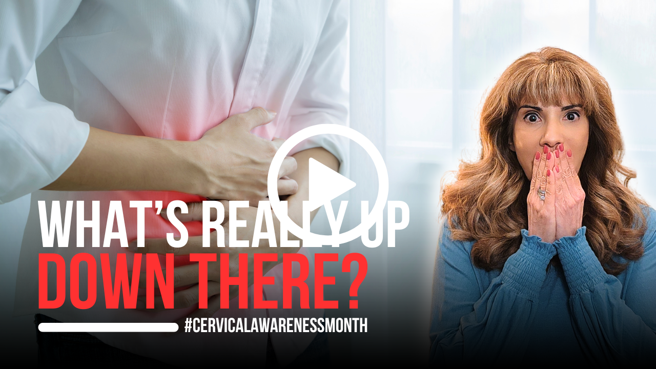 Split image with person holding abdomen and woman looking surprised; text reads "What's really up down there? #CervicalAwarenessMonth." Highlighting cervical health, this campaign delves into crucial reasons why staying informed is vital for your well-being.