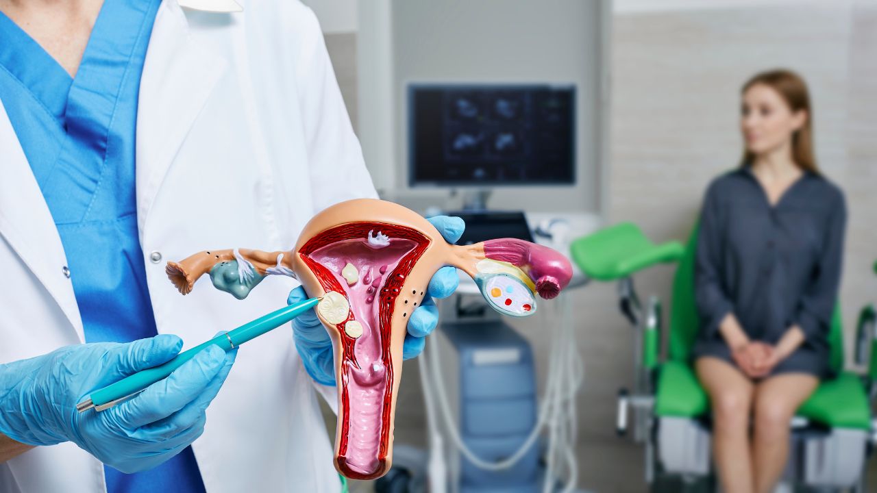 A medical professional discusses the importance of cervical cancer screening while holding a model of the female reproductive system, with a patient attentive in the background. Cervical Health Can't Wait, as this vital conversation emphasizes women's health and preventative care.