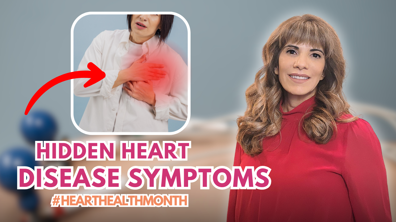 A woman, hand on chest, highlights hidden heart disease symptoms in this image. The text "Hidden Heart Disease Symptoms" accompanies another woman in a red dress, underscoring Women's Heart Attacks during #HeartHealthMonth.