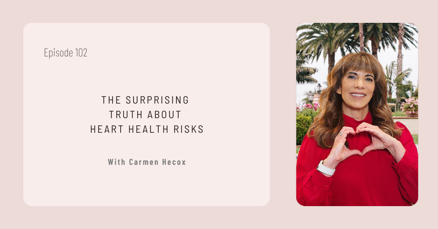 Episode titled "The Surprising Truth About Heart Health Risks" with Carmen Hecox. A woman in red gestures a heart shape with her hands, framed by palm trees swaying in the background, highlighting the often-overlooked aspects of heart health risks.