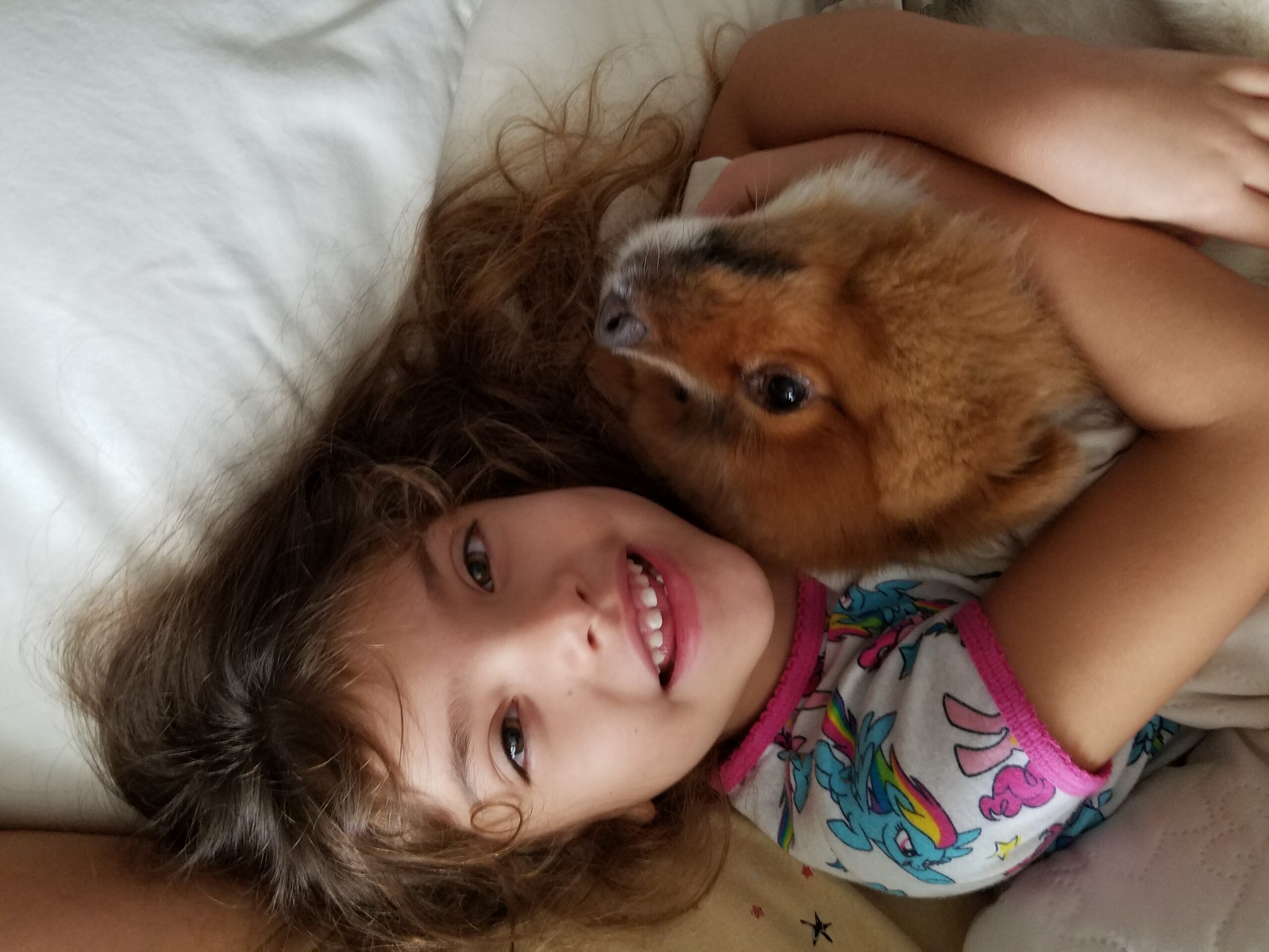 A young girl in a colorful shirt finds comfort as she cuddles a fluffy brown and white dog while lying on a bed, healing her heart one gentle snuggle at a time.