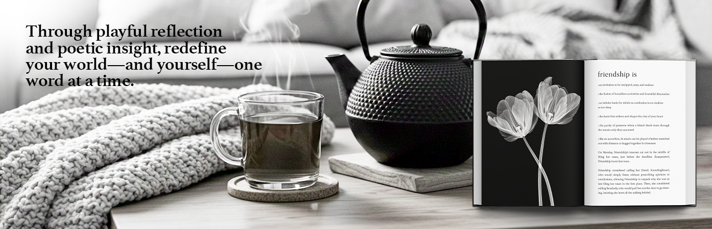 A teapot, a glass cup of tea, and a knit blanket sit on a wooden table next to an open book with flowers and text about true intimacy and how to free yourself from old family patterns.