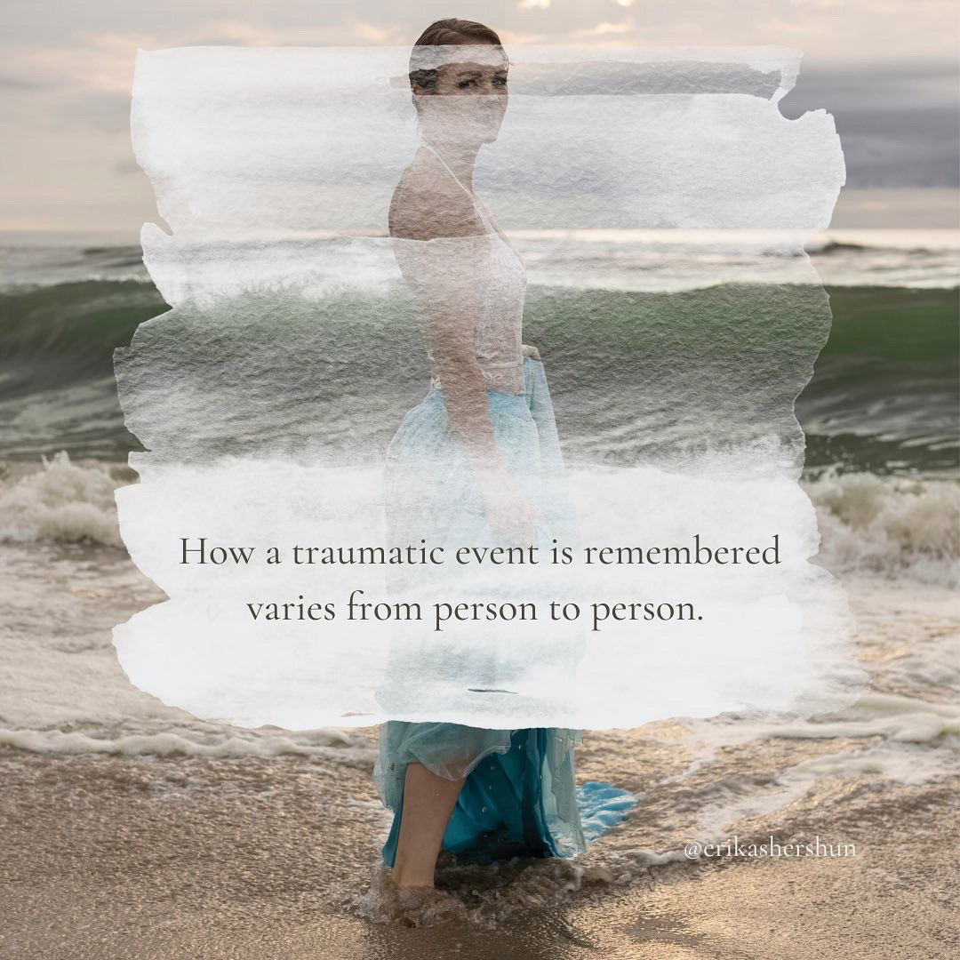 A woman in a blue skirt stands on a beach with waves behind her; a semi-transparent white overlay displays the text: "How sexual trauma is remembered varies from person to person and lasting healing takes time.