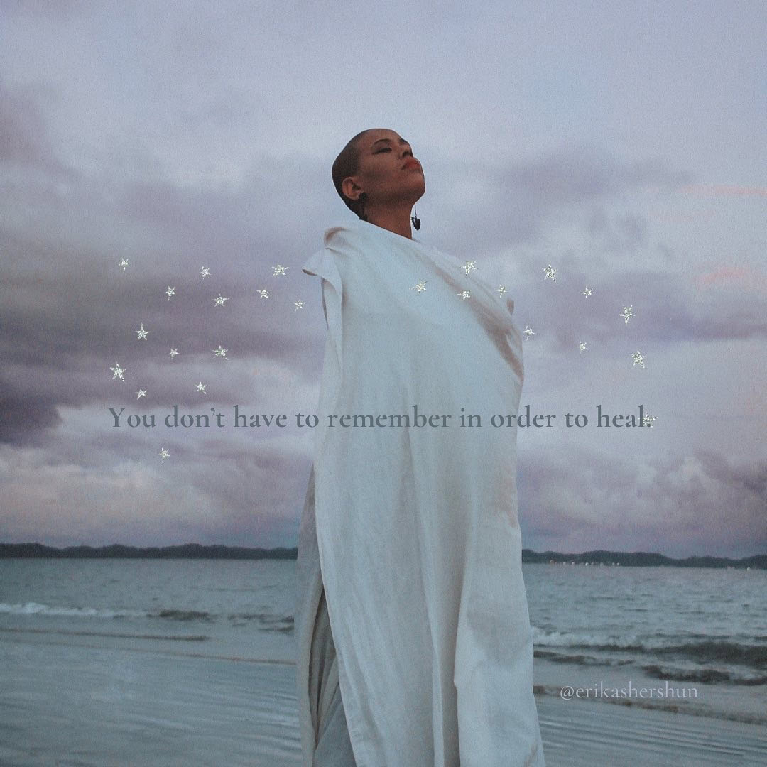 A person in a white robe stands on a beach at dusk with text overlay: "You don’t have to remember in order to heal." Small stars form an arc, symbolizing hope and healing after sexual trauma.
