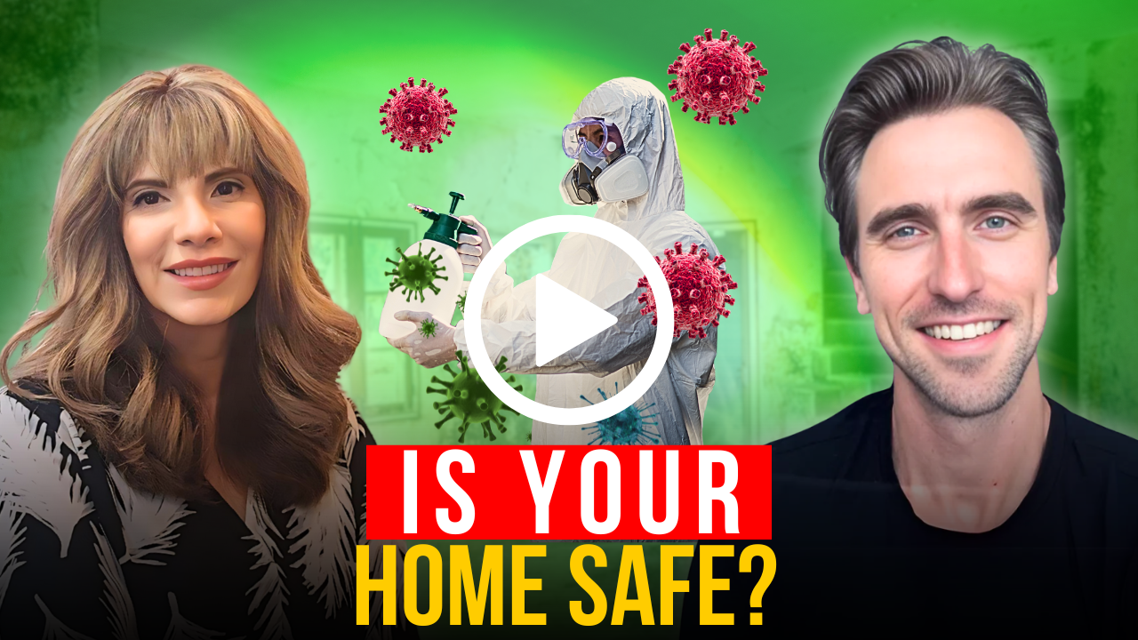 Carmen Hecox and Seth Jones are shown smiling beside a person in full protective gear spraying disinfectant, with virus illustrations and the text “Is Your Dream Home Making You Sick?” displayed at the bottom.