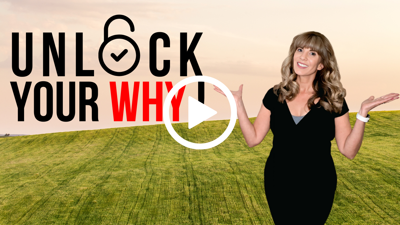 Carmen Hecox standing on a grassy field with hands raised, next to bold text reading "Unlock Your Why: Not Stuck—Growing" and a play button in the center. Find YOUR Midlife Purpose today.