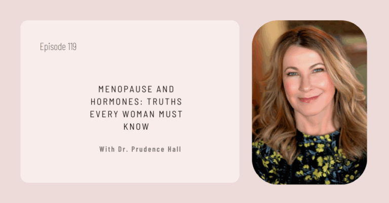 "Menopause and Hormones: Truths Every Woman Must Know," features Dr. Prudence Hall's insights on women's health, with her portrait and the label Episode 119.
