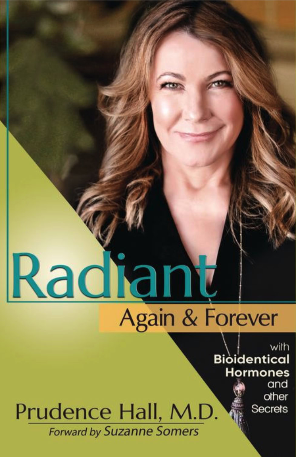 Book cover featuring a smiling woman and the title "Radiant Again & Forever" by Prudence Hall, M.D., highlighting menopause, bioidentical hormones, and women's health, with a foreword by Suzanne Somers.